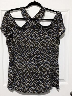LOFT Black Cold-Shoulder Camisole with Cream and Blue Dot Print